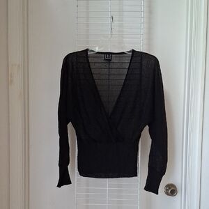 INC International Concepts Black Wrap Fitted Long Sleeve Knit Blouse